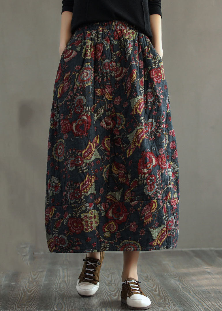 Red Elastic Waist Patchwork Print Fine Cotton Filled Skirt Winter