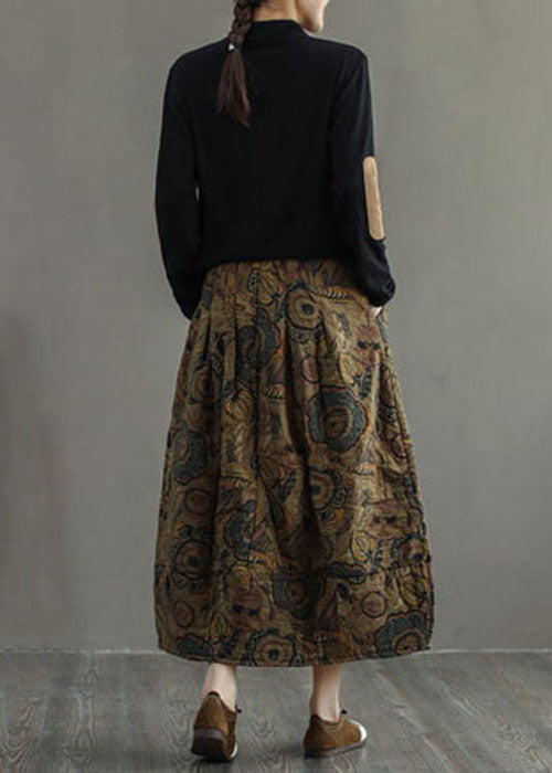 Black - Texture Elastic Waist Patchwork Print Fine Cotton Filled Skirt Winter