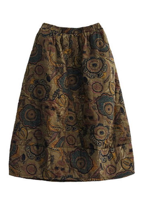 Black - Texture Elastic Waist Patchwork Print Fine Cotton Filled Skirt Winter