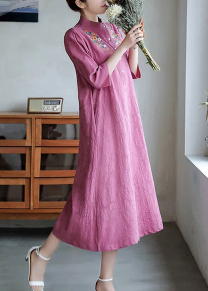Red Embroidered Button Cotton Dress Half Sleeve