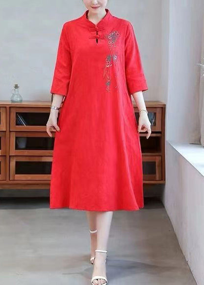 Red Embroidered Button Cotton Dress Half Sleeve