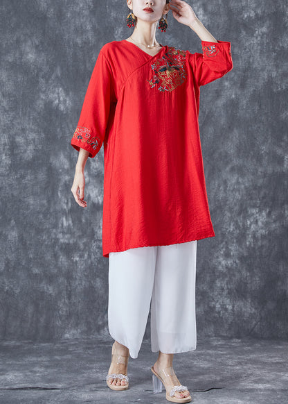 Red Embroideried Linen Party Dress Bracelet Sleeve