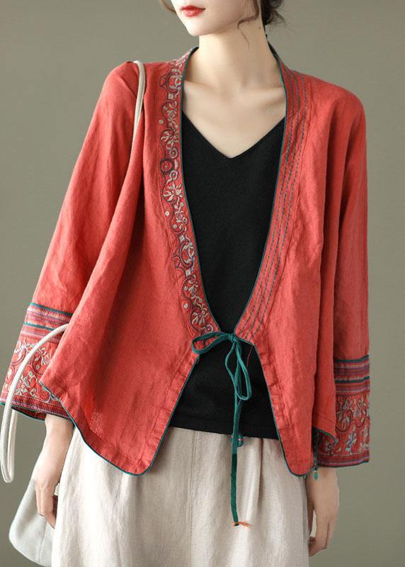 Women Crane pattern Embroideried Long sleeve Linen Shirt