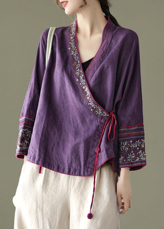 Women Floral pattern Embroideried Long sleeve Linen Shirt