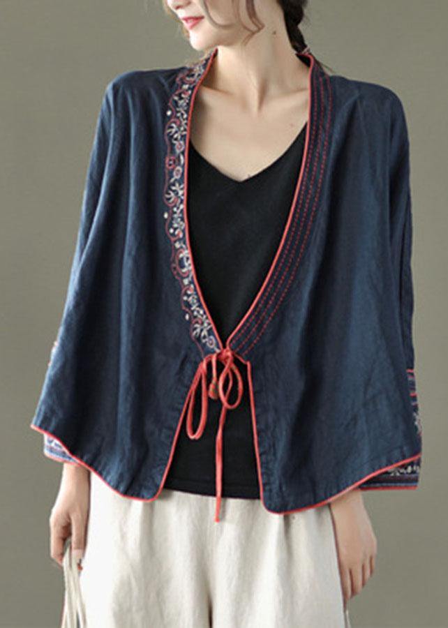 Crane Pattern Embroideried Long Sleeve Linen Shirt