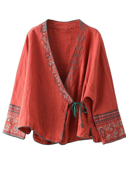 Women Crane pattern Embroideried Long sleeve Linen Shirt