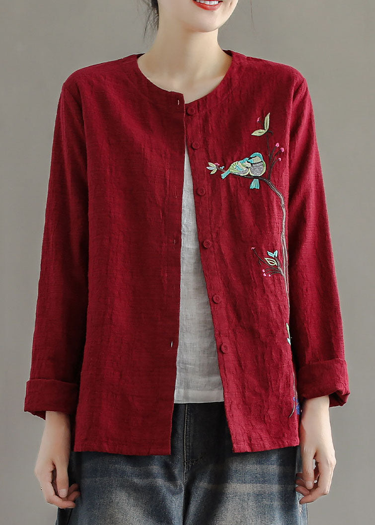 Red Embroideried Patchwork Cotton Cardigans Coats Spring