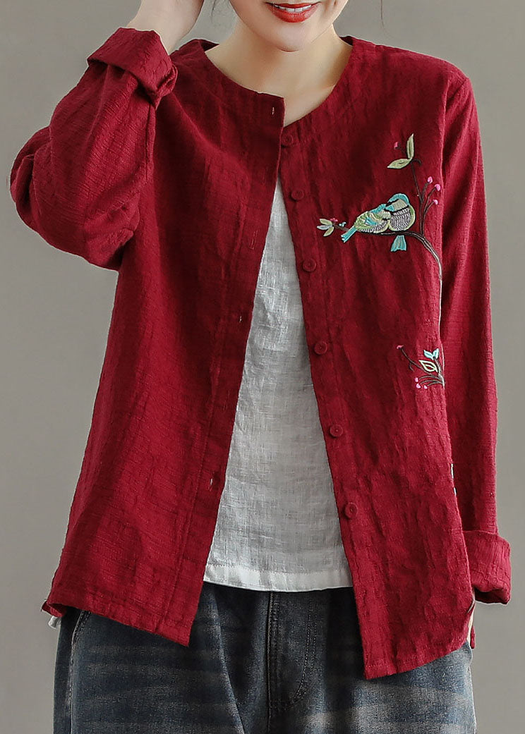 Red Embroideried Patchwork Cotton Cardigans Coats Spring