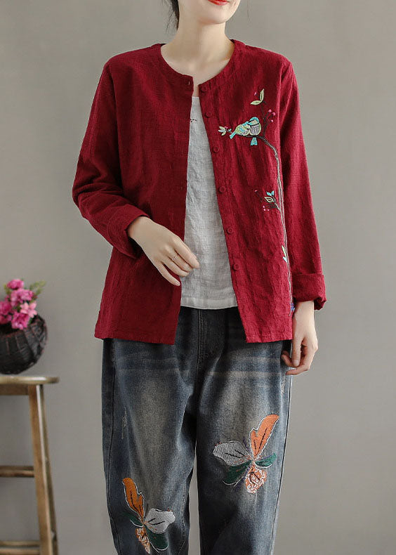 Red Embroideried Patchwork Cotton Cardigans Coats Spring