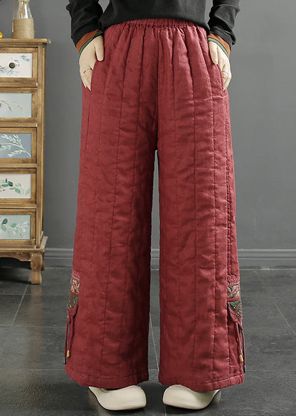 Red Embroidered Pockets Fine Cotton Filled Wide Leg Pants Winter