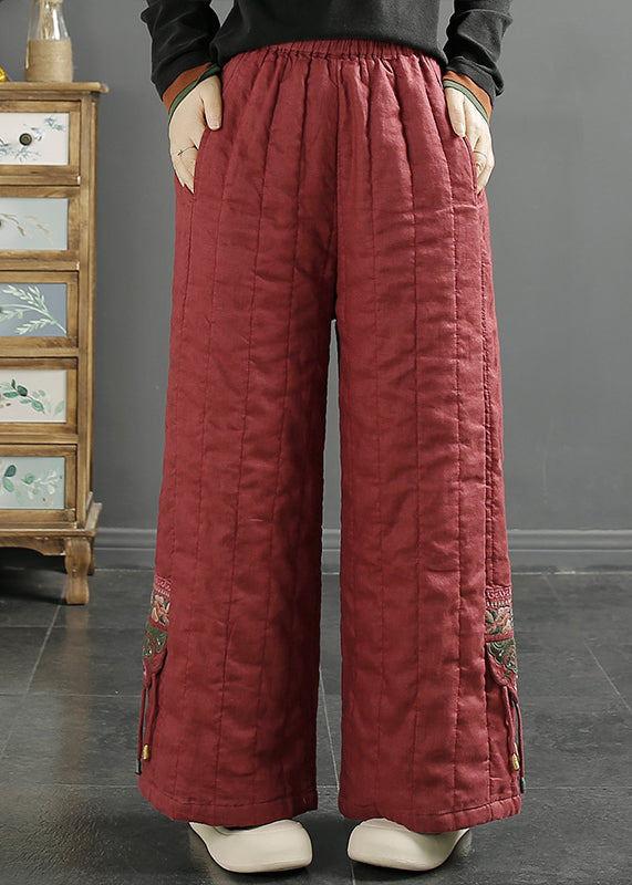 Red Embroidered Pockets Fine Cotton Filled Wide Leg Pants Winter