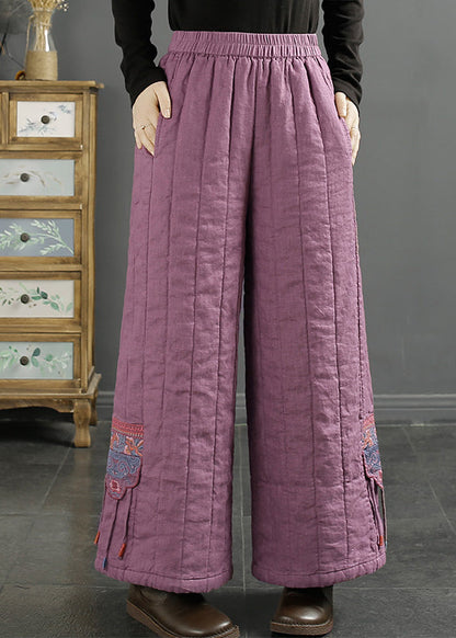 Red Embroidered Pockets Fine Cotton Filled Wide Leg Pants Winter