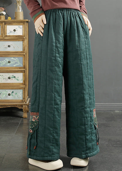 Red Embroidered Pockets Fine Cotton Filled Wide Leg Pants Winter
