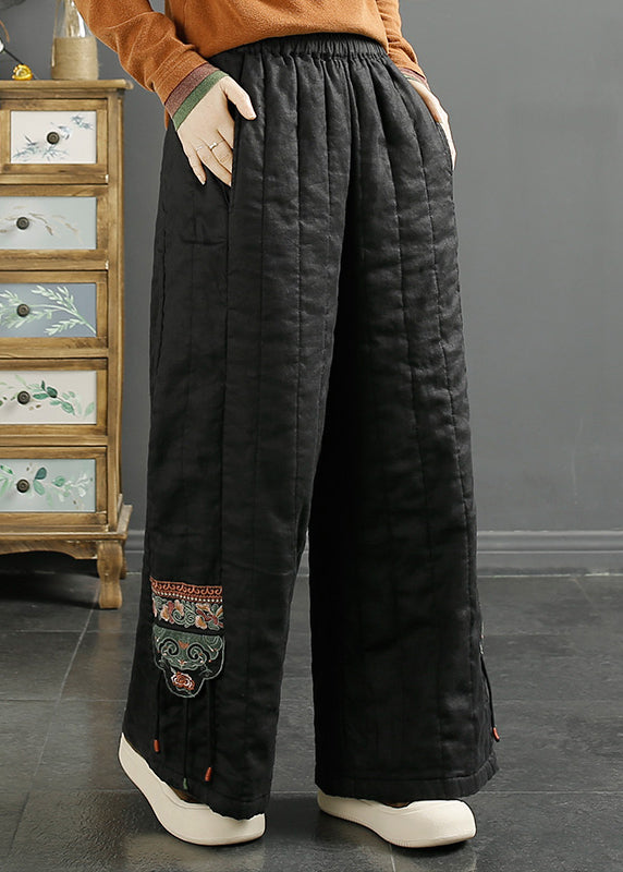 Red Embroidered Pockets Fine Cotton Filled Wide Leg Pants Winter