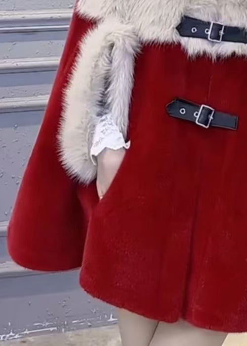 Red Fluffy Pockets Patchwork Cape Coats Spring