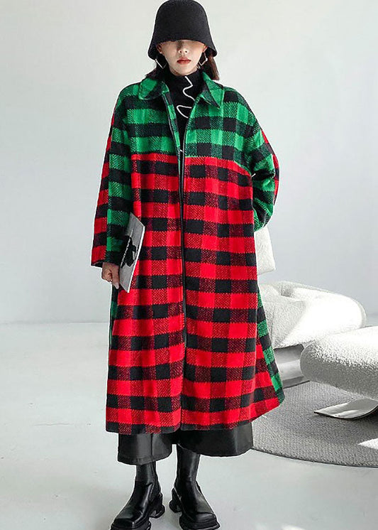Red Green Plaid Peter Pan Collar Patchwork Woolen Trench Winter