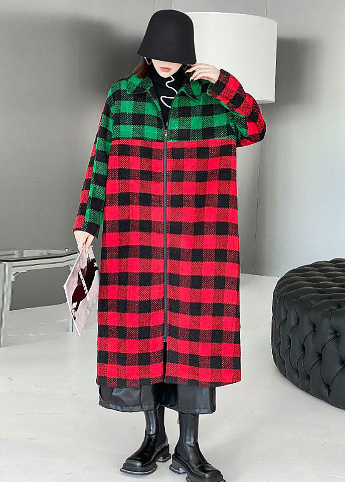 Red Green Plaid Peter Pan Collar Patchwork Woolen Trench Winter