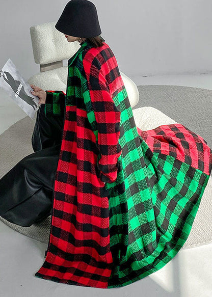 Red Green Plaid Peter Pan Collar Patchwork Woolen Trench Winter