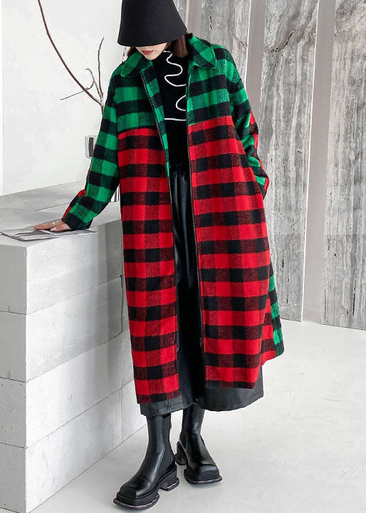 Red Green Plaid Peter Pan Collar Patchwork Woolen Trench Winter