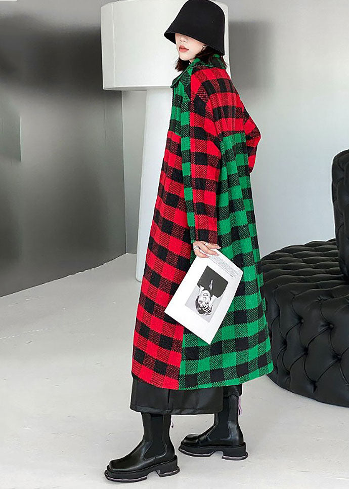 Red Green Plaid Peter Pan Collar Patchwork Woolen Trench Winter