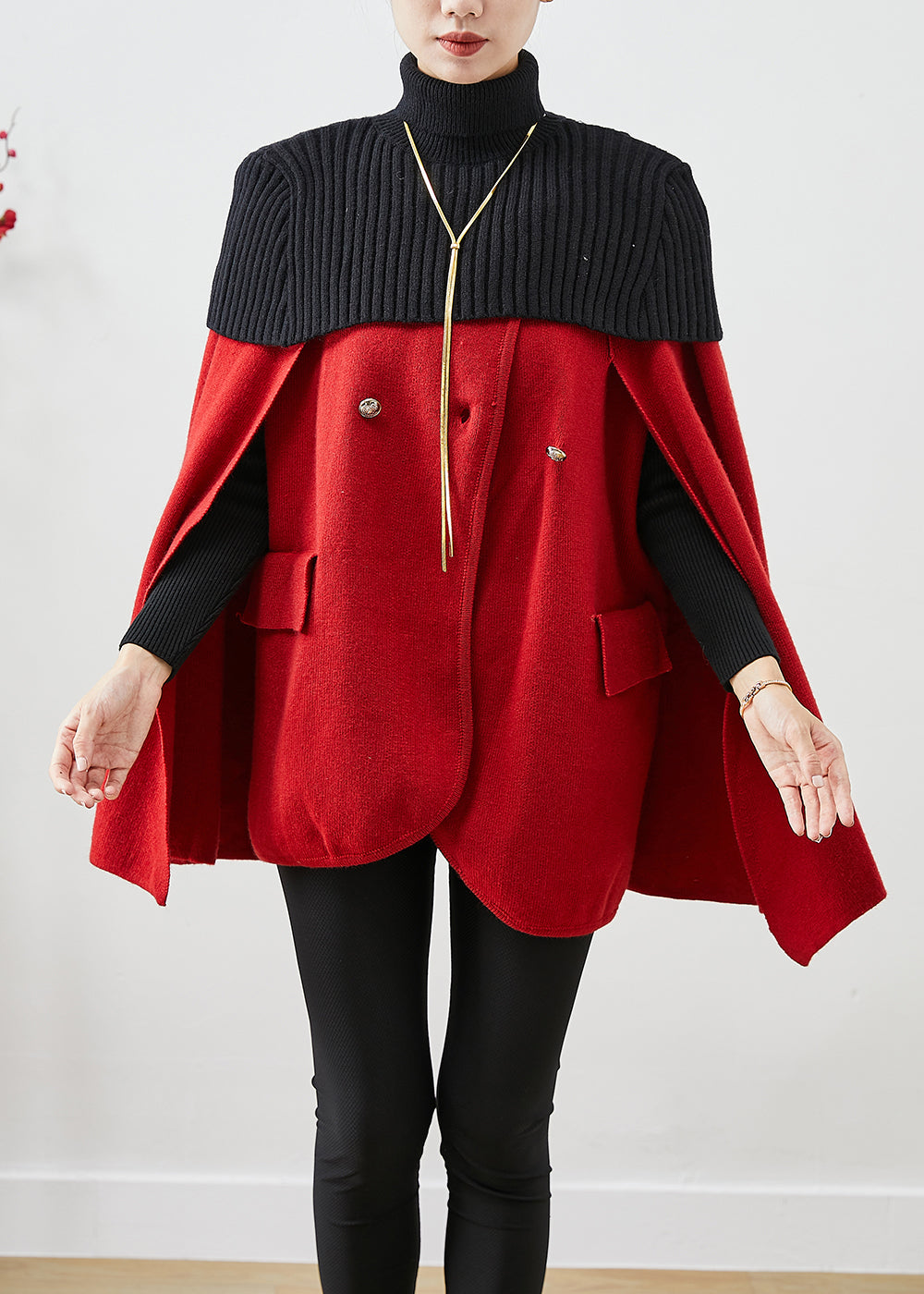Red High Neck Knit Patchwork Woolen Coats Cloak Sleeves