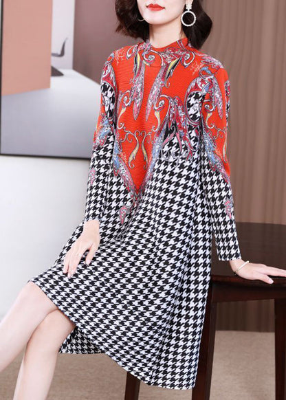 Red High Neck Plaid Wrinkled a Line Dress Spring