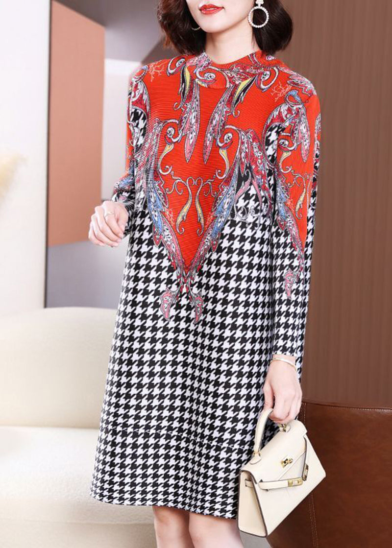 Red High Neck Plaid Wrinkled a Line Dress Spring
