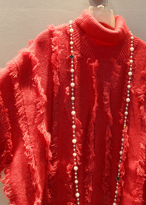 Red High Neck Tasseled Cozy Knit Sweater Dress Winter