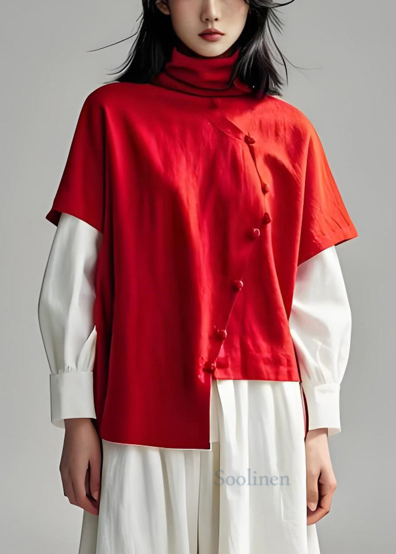 Red Hign Neck Patchwork False Two Pieces Cotton Top Long Sleeve