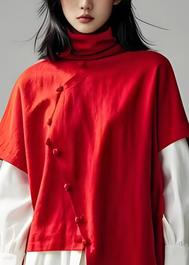 Red Hign Neck Patchwork False Two Pieces Cotton Top Long Sleeve