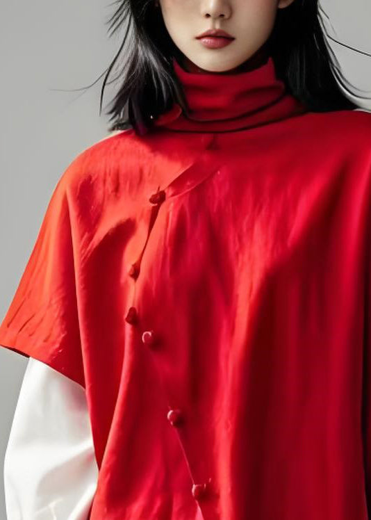 Red Hign Neck Patchwork False Two Pieces Cotton Top Long Sleeve