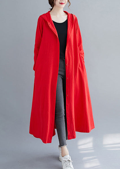 Red Hooded Button Patchwork Cotton Shirts Maxi Dresses Fall