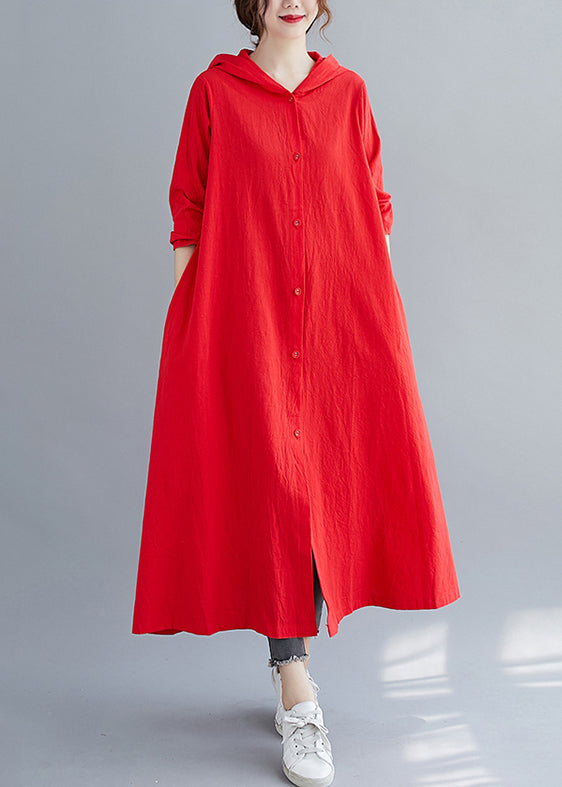Red Hooded Button Patchwork Cotton Shirts Maxi Dresses Fall