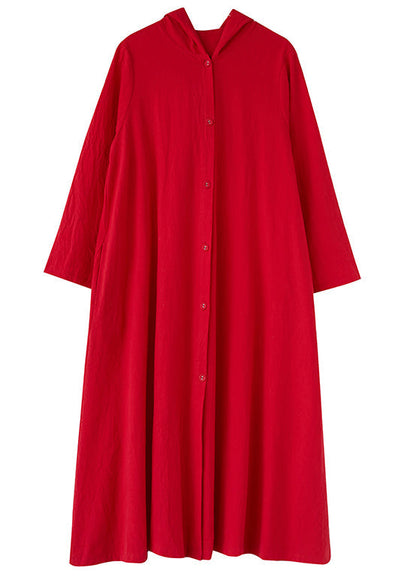 Red Hooded Button Patchwork Cotton Shirts Maxi Dresses Fall