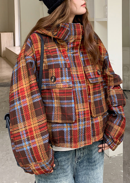 Red Hooded Plaid Rabbit Wool Lined Coat Winter