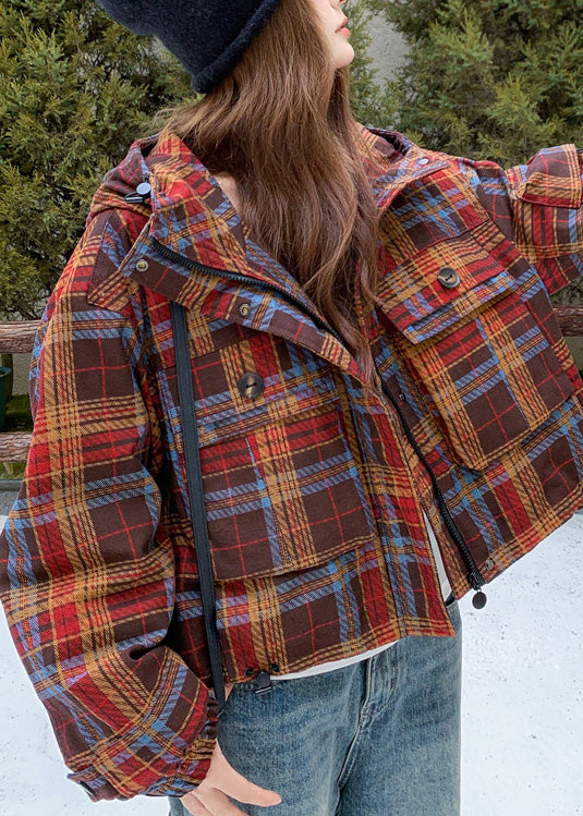 Red Hooded Plaid Rabbit Wool Lined Coat Winter