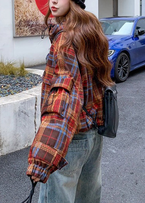 Red Hooded Plaid Rabbit Wool Lined Coat Winter