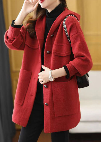 Red Hooded Pockets Patchwork Woolen Coat Fall