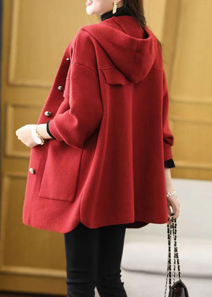 Red Hooded Pockets Patchwork Woolen Coat Fall