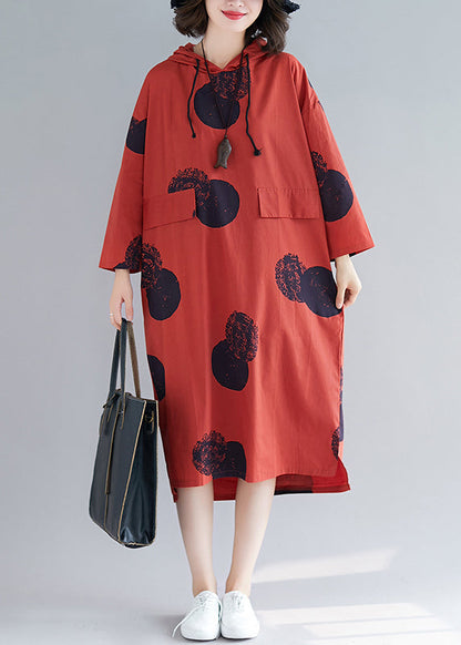 Red Hooded Print Cotton Loose Sweatshirt Dress Fall
