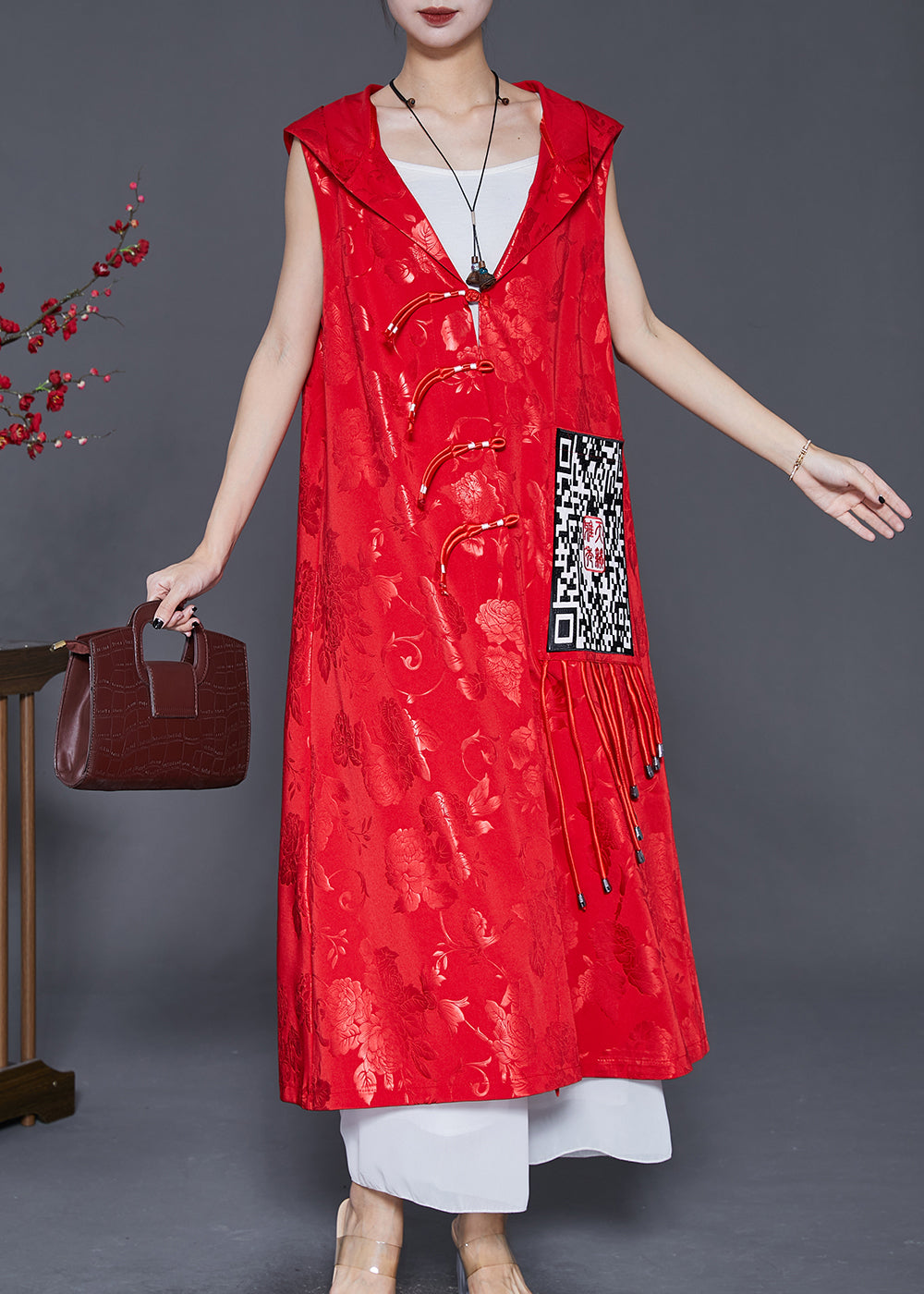 Red Jacquard Tasseled Silk Long Vest Fall