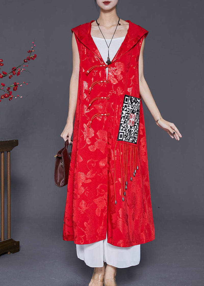 Red Jacquard Tasseled Silk Long Vest Fall
