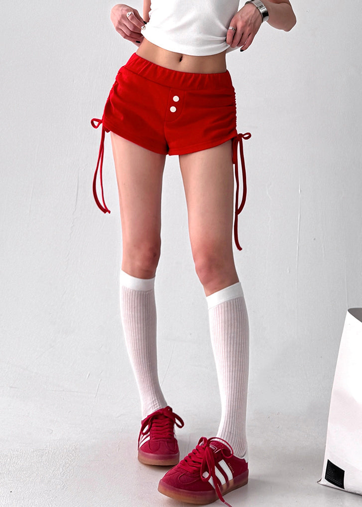 Red Lace Up Elastic Waist Cotton Shorts Summer