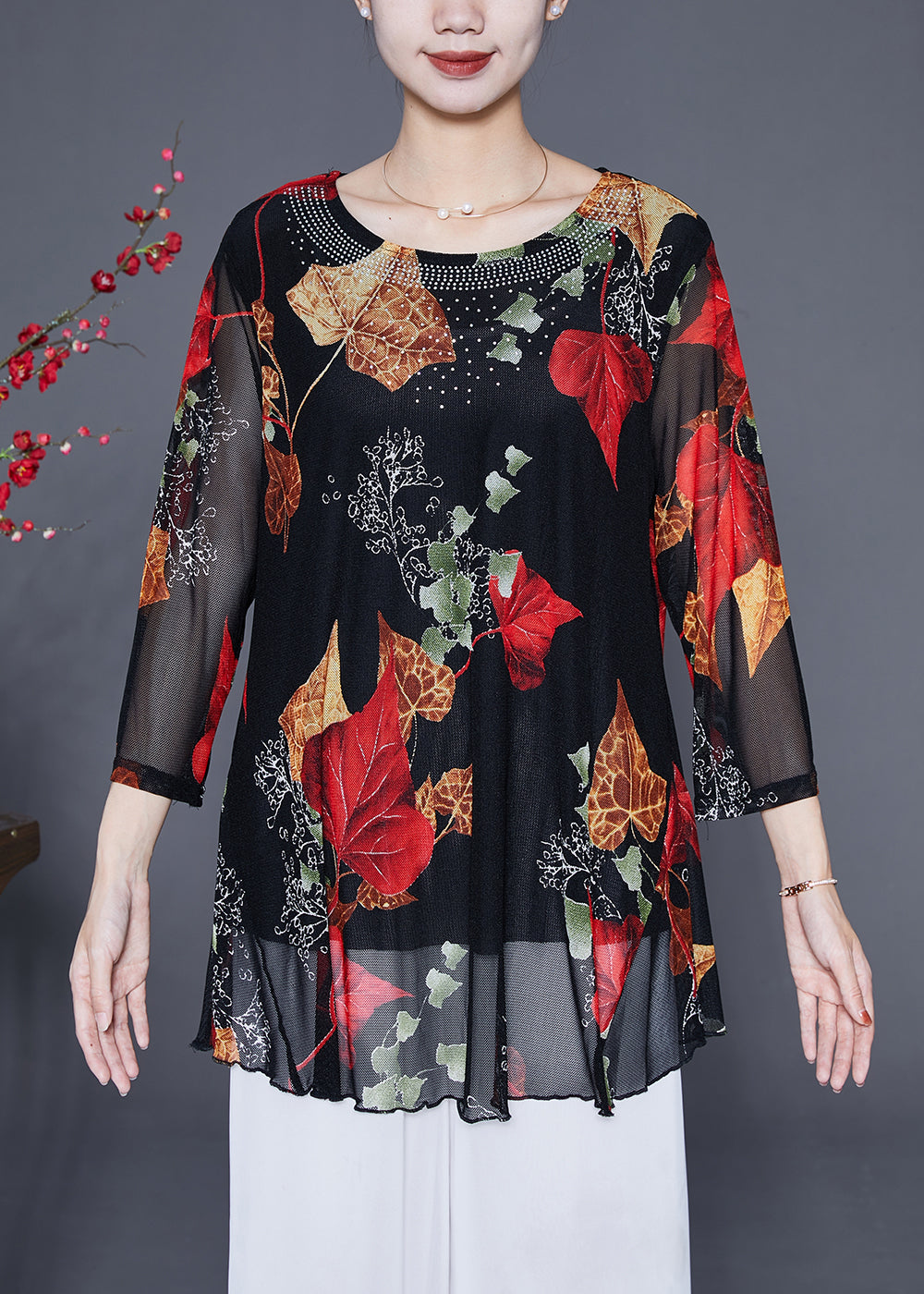 Red Leaf Print Zircon Chiffon Tops Bracelet Sleeve