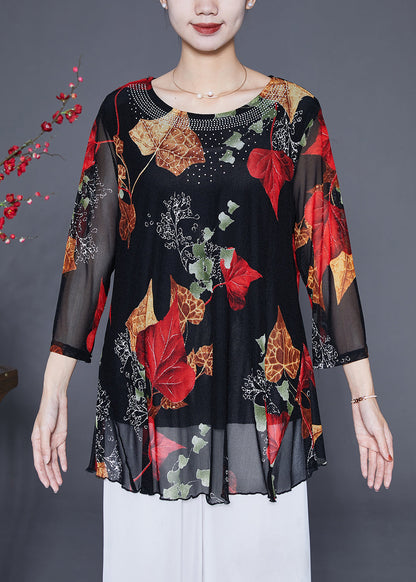 Red Leaf Print Zircon Chiffon Tops Bracelet Sleeve