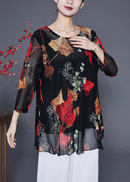 Red Leaf Print Zircon Chiffon Tops Bracelet Sleeve