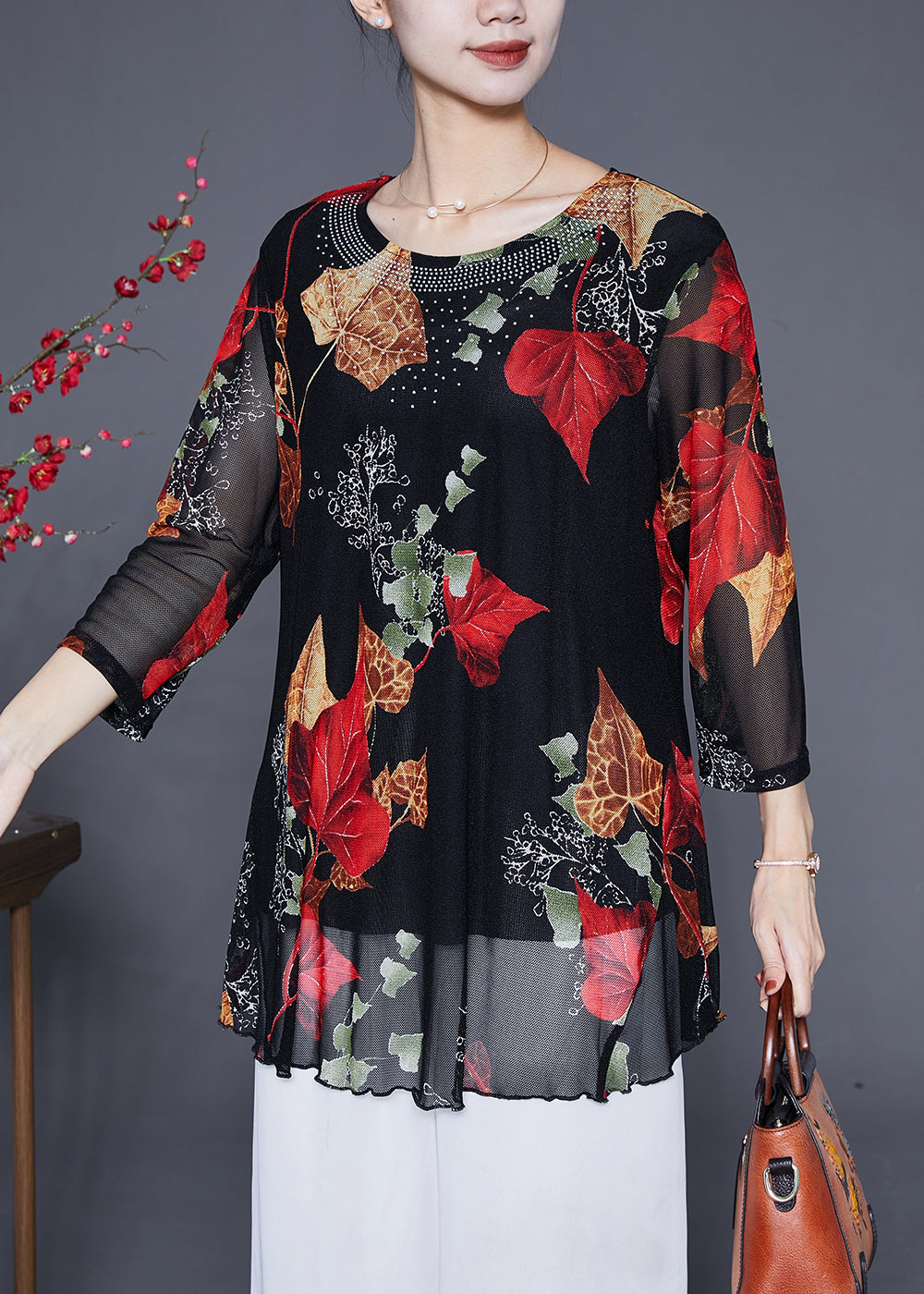 Red Leaf Print Zircon Chiffon Tops Bracelet Sleeve