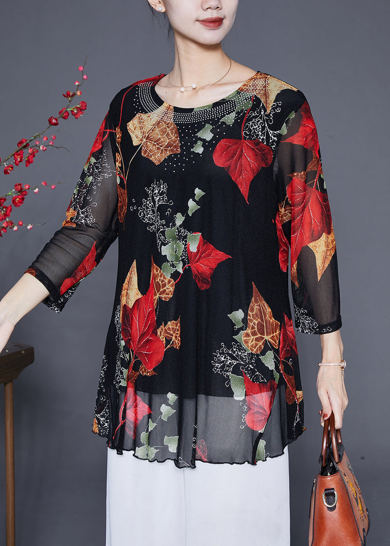 Red Leaf Print Zircon Chiffon Tops Bracelet Sleeve