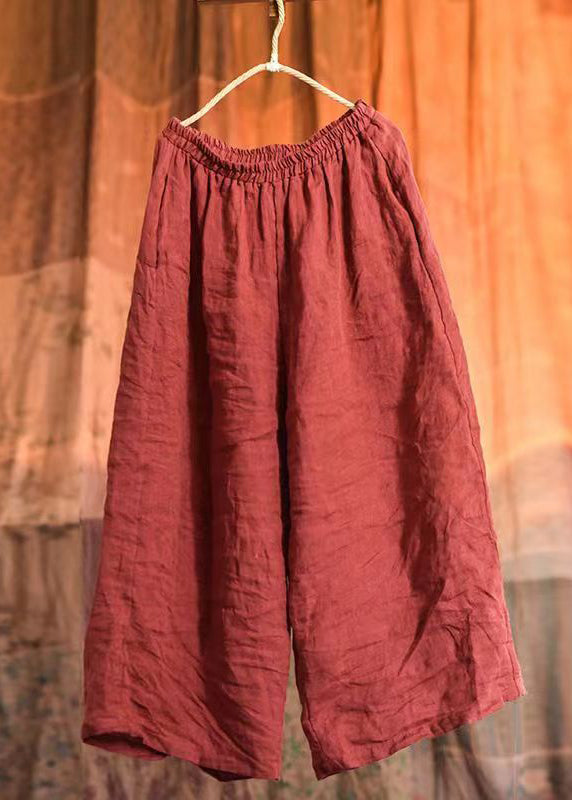 Red Loose Pockets Linen Wide Leg Pants Summer