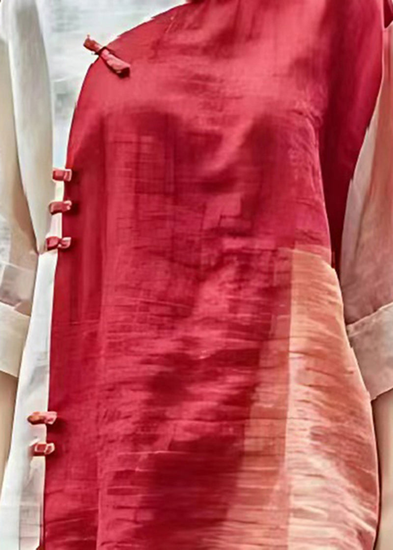 Red Mandarin Collar Patchwork Linen Shirts Summer